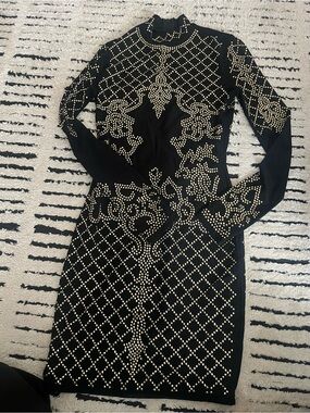 Black Long-Sleeve Studded Bodycon Dress